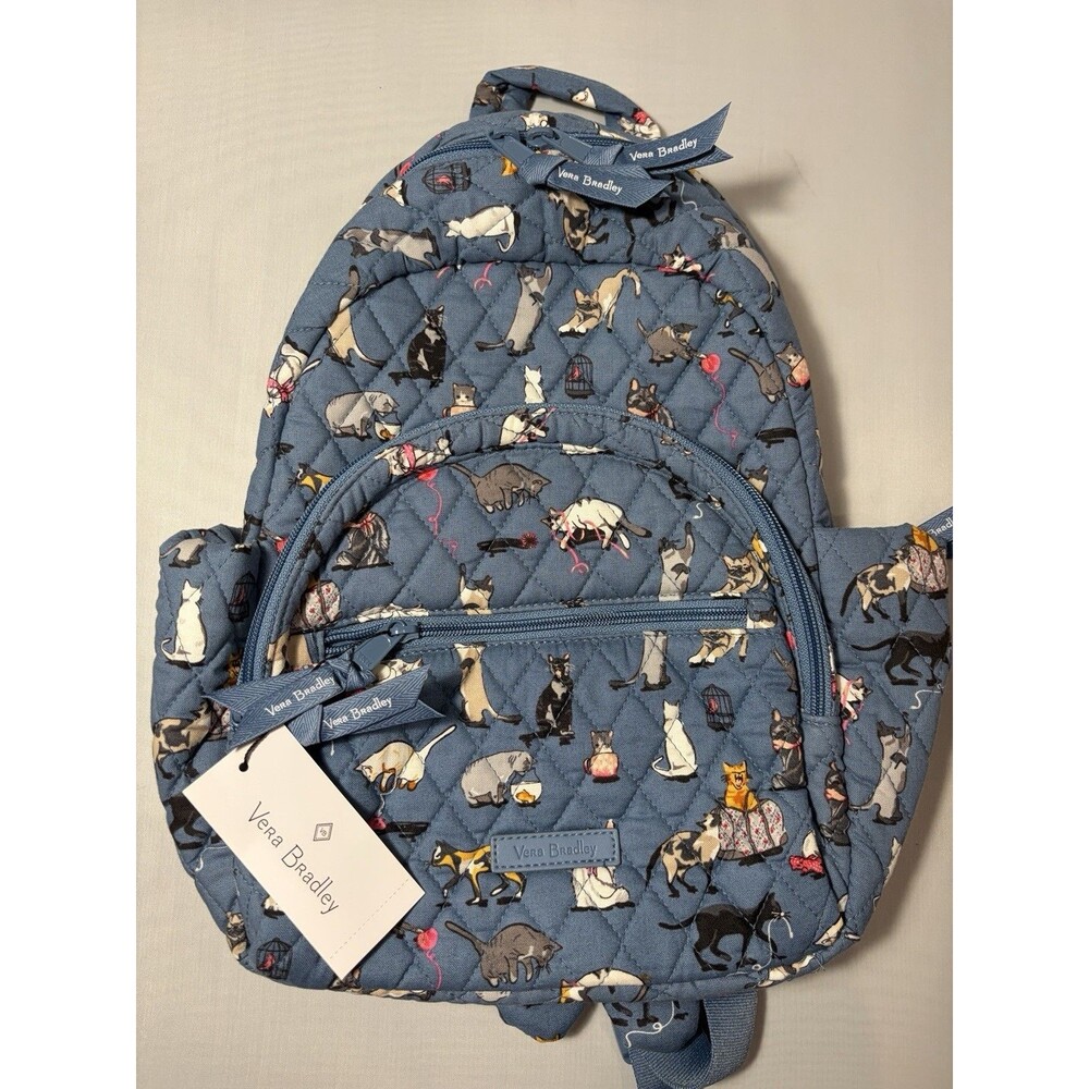 Vera Bradley Essential Compact Backpack Small Blue Bag Cats Meow Print NEW NWT